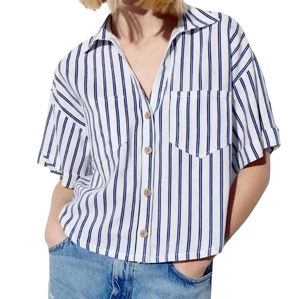 NWOT ZARA Nautical Striped Linen Blend Button-Down Size M
